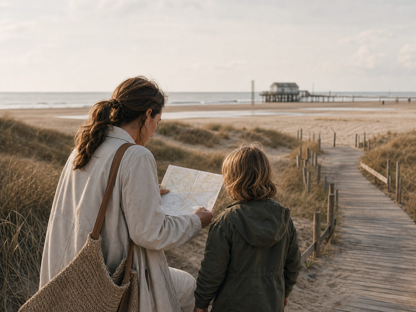 Familie orientiert sich in Sankt Peter-Ording zwischen Dünen und Strand